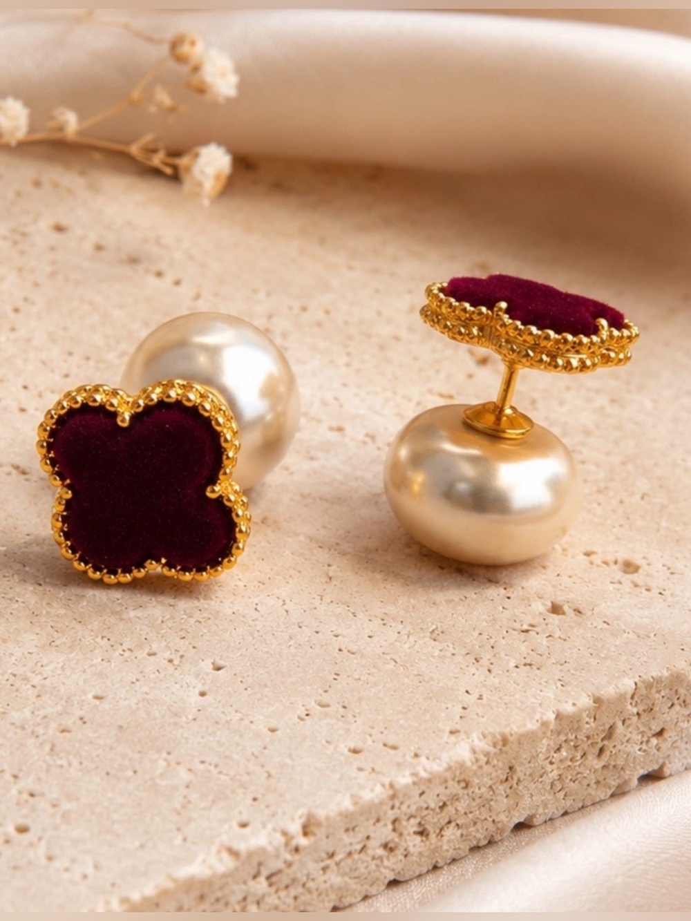 Burgundy Velvet Clover & Pearl Reversible Stud Clover Earrings